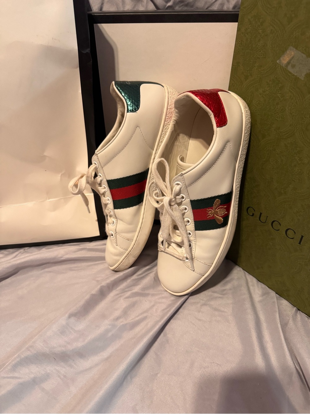 Gucci White Leather Sneakers with Red & Green Stripe and Metallic Heel Tabs